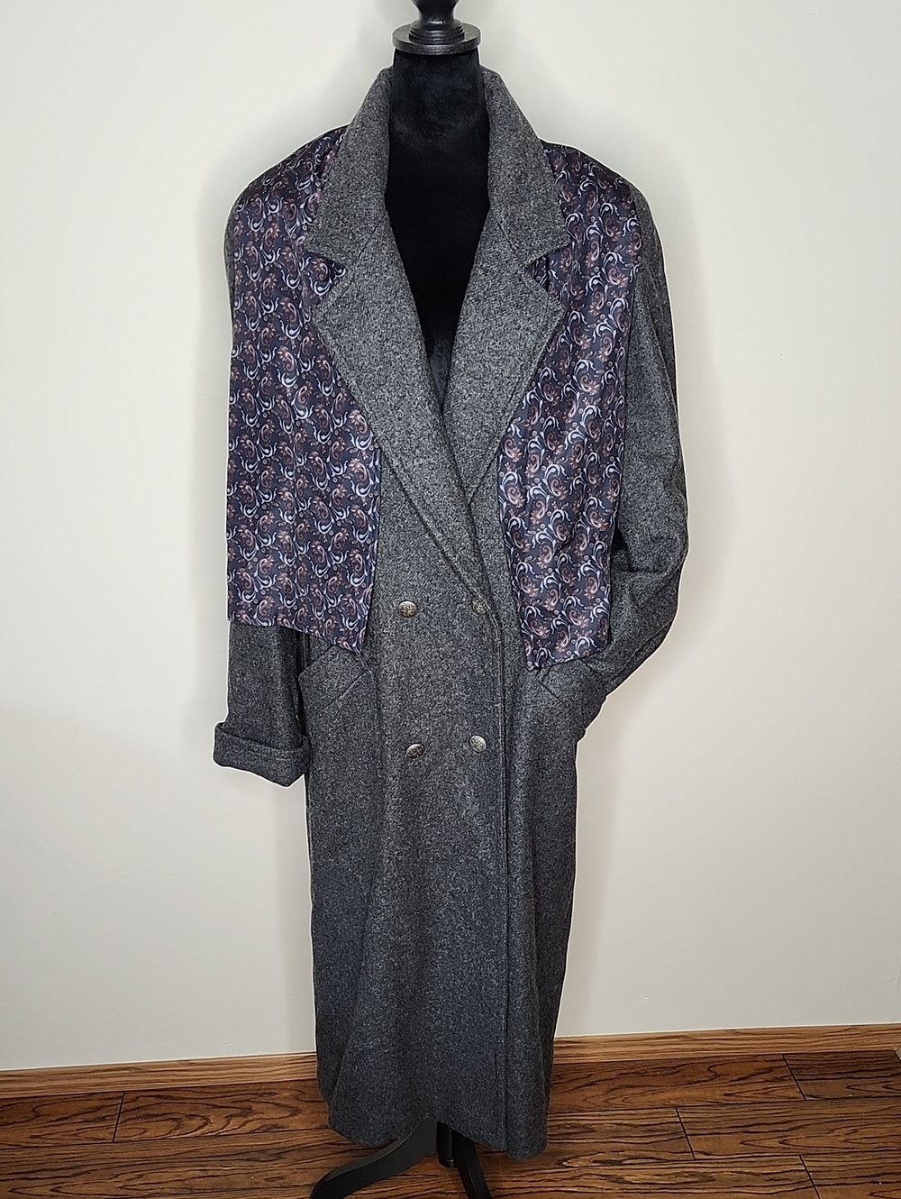 Vintage JOFELD Gray Wool Blend Maxi Coat XL Paisley Lining Scarf